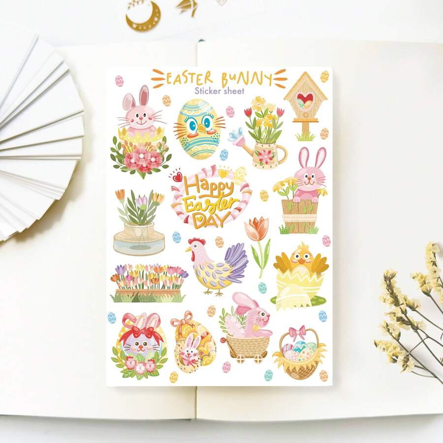 3 STUKS Handgemaakt Stickervel - Pasen | Esthetische Stationery Stickers Met Konijntjes En Bloemen. Geweldig Voor Dagboeken, Enveloppen En Kaarten