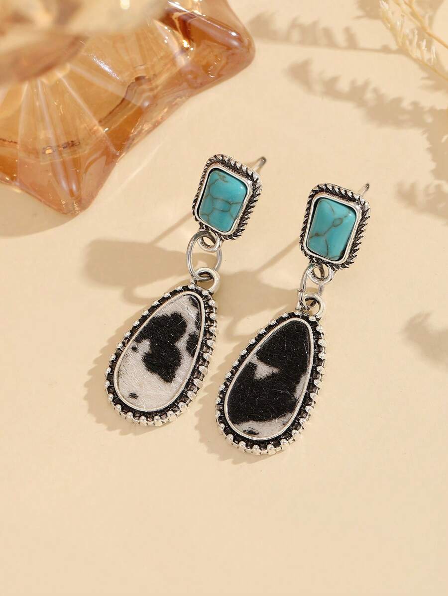 1 Pair Alloy Fuzz Turquoise Inlaid Teardrop Zebra & Cow Print Bohemian Style Dainty Earrings For Women