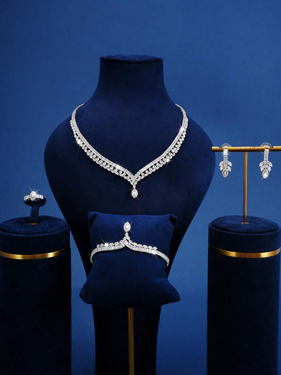 5pcs Fashionable Fully Rhinestoned Jewelry Set Including Necklace, Earrings, Ring, Bracelet, Suitable For Women's Wedding, Party, Birthday, Holiday Wearing