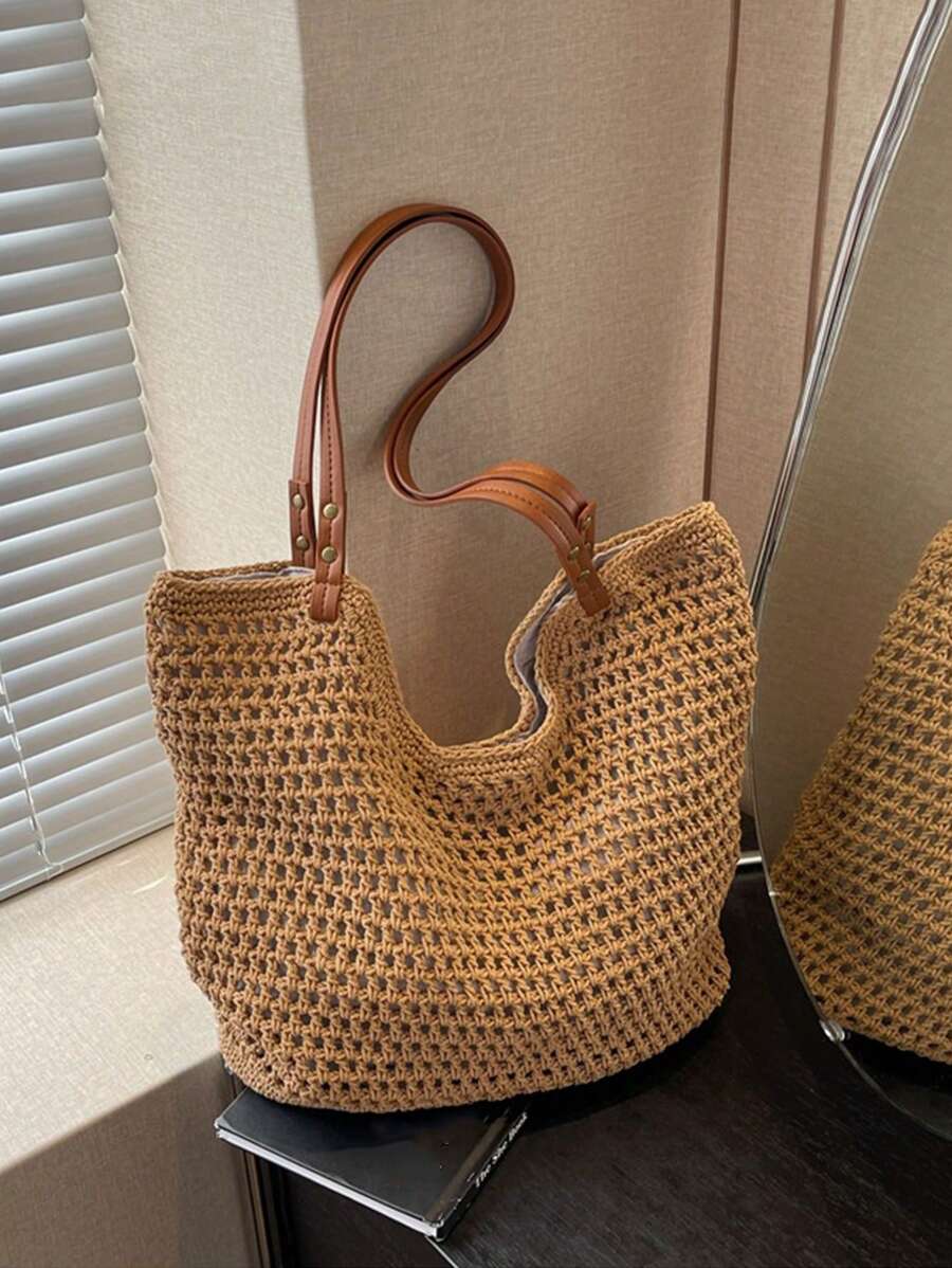 Yogodlns Nuevas bolsas de mano totes con diseño calado para mujer, de gran capacidad, tejidas de paja, bolso de hombro estilo vintage para viajes y playa, bolsa de compras