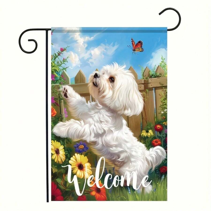 1pc Charming White Maltese And Butterfly Floral Double Sided Garden Flag - Suitable For All Seasons, Ideal For Patio, Lawn, Farmhouse Decor, 12x18 Inches, Without Flagpole,Garden Flags In Spring And Summer Seasons. 