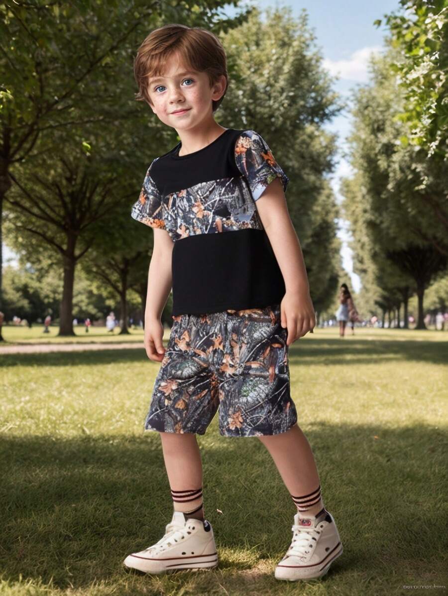 Toddler Boys Maple Leaf Digital Print Top + Shorts Set, Suitable For Outdoor Sports Wear - Fit For Boys And Girls