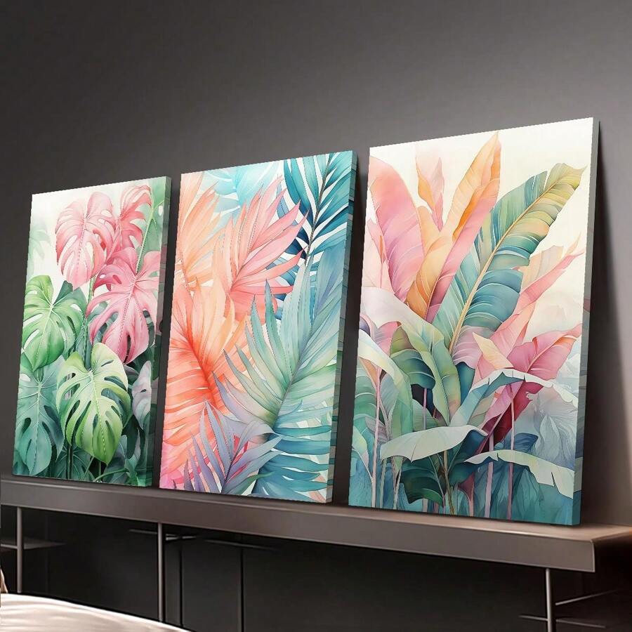 3 pièces/set, Peinture décorative encadrée suspendue sur canevas, affiche, art mural, ensemble d'art sur canevas aquarelle de feuilles tropicales, impressions vibrantes de Monstera et de palmiers, décoration murale de style bohème pour salon, chambre à coucher, bureau à domicile - Style moderne/classique, utilisation intérieure/extérieure, décoration de pièce