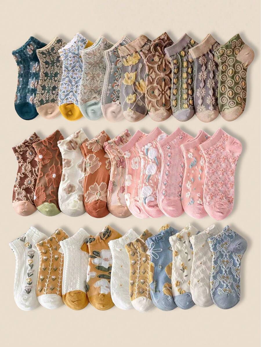 5/10/20 pares Calcetines cortos y versátiles para mujer con patrón de flor 3D en relieve, estilo retro, transpirables