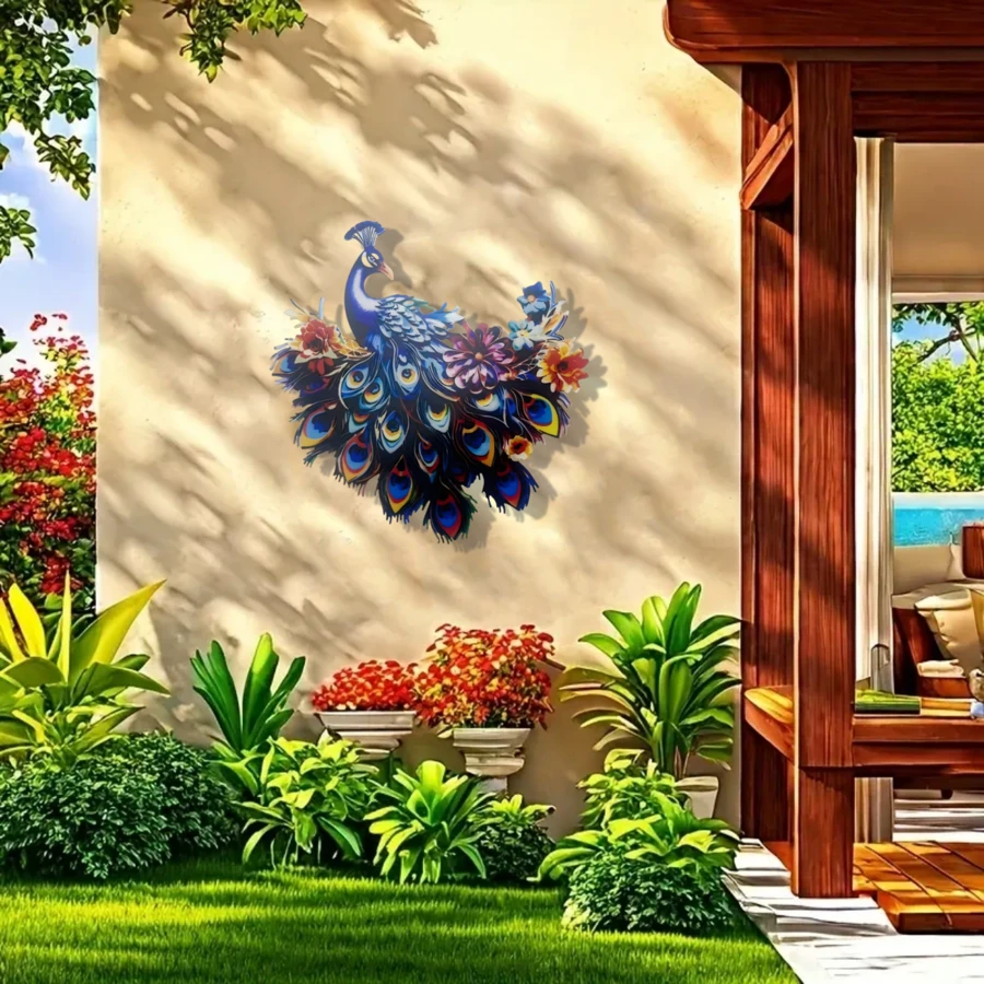 1 pieza Decoración de pared de pavo real de hierro artístico colorido, adecuado para uso exterior o interior, decoración del hogar para primavera y verano, adecuado para pared, cerca, tocón de árbol, villa, sala de estar, dormitorio, de exquisita calidad, finamente elaborado