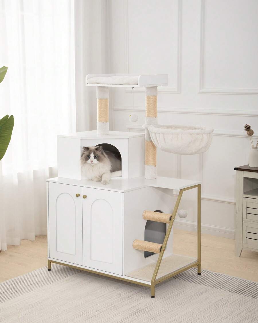 Hzuaneri Maison de Toilette Chat, Maison Moderne 4-en-1 pour Chats avec Grande Plateforme, Abri pour Chat avec Tapis De Grattage, Poteaux, Escaliers Et Pompon, Coussins Lavables