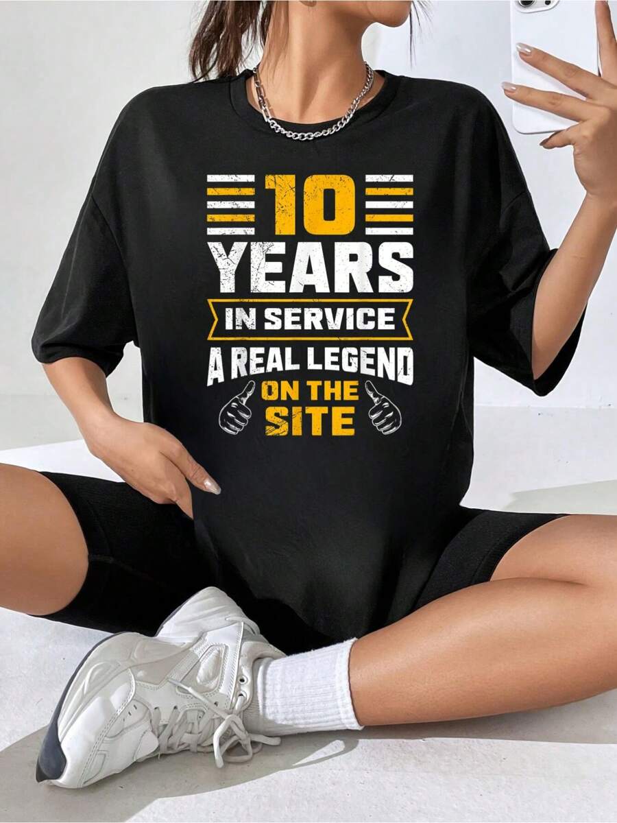Work Anniversary 10 Years In Service Anniversary T-Shirt - 100% Cotton Printed Crew Neck T-Shirt , Casual Short Sleeve Tee, Breathable Soft Top, Womens Relaxed Fit Clothing For All Seasons