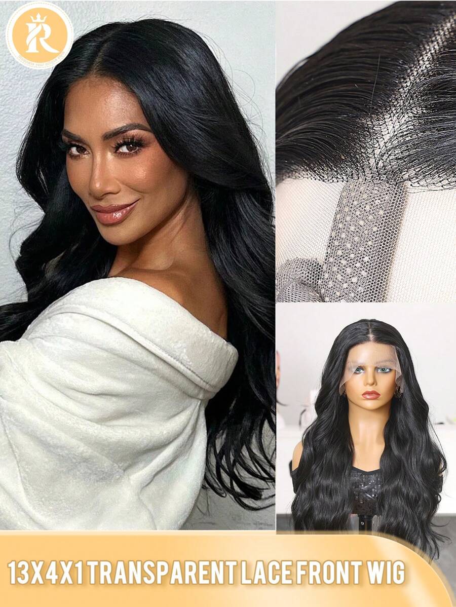Peluca sintética con parte 13X4X1, cabello ondulado de 26 pulgadas de color negro, fabricada con fibra sintética importada de Japón, resistente al calor. Peluca sintética de alta calidad, suave y natural, ideal para uso diario.