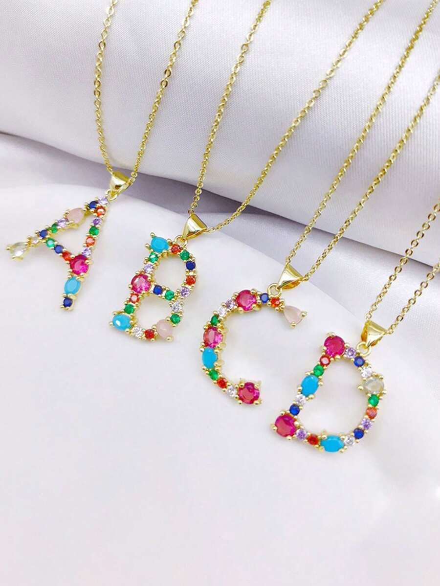 Women's Gold-Plated Stainless Steel Necklace, Colorful Copper Pendant, Luxury Jewelry, Designer Gift, 26 Letters