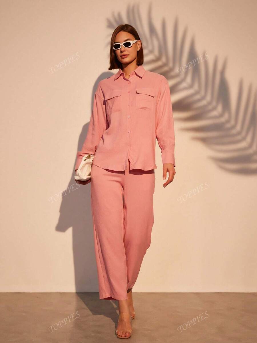 Crinkled Two Pocket Shirt & Pants 2 Pcs Set Women Pink Loungewear