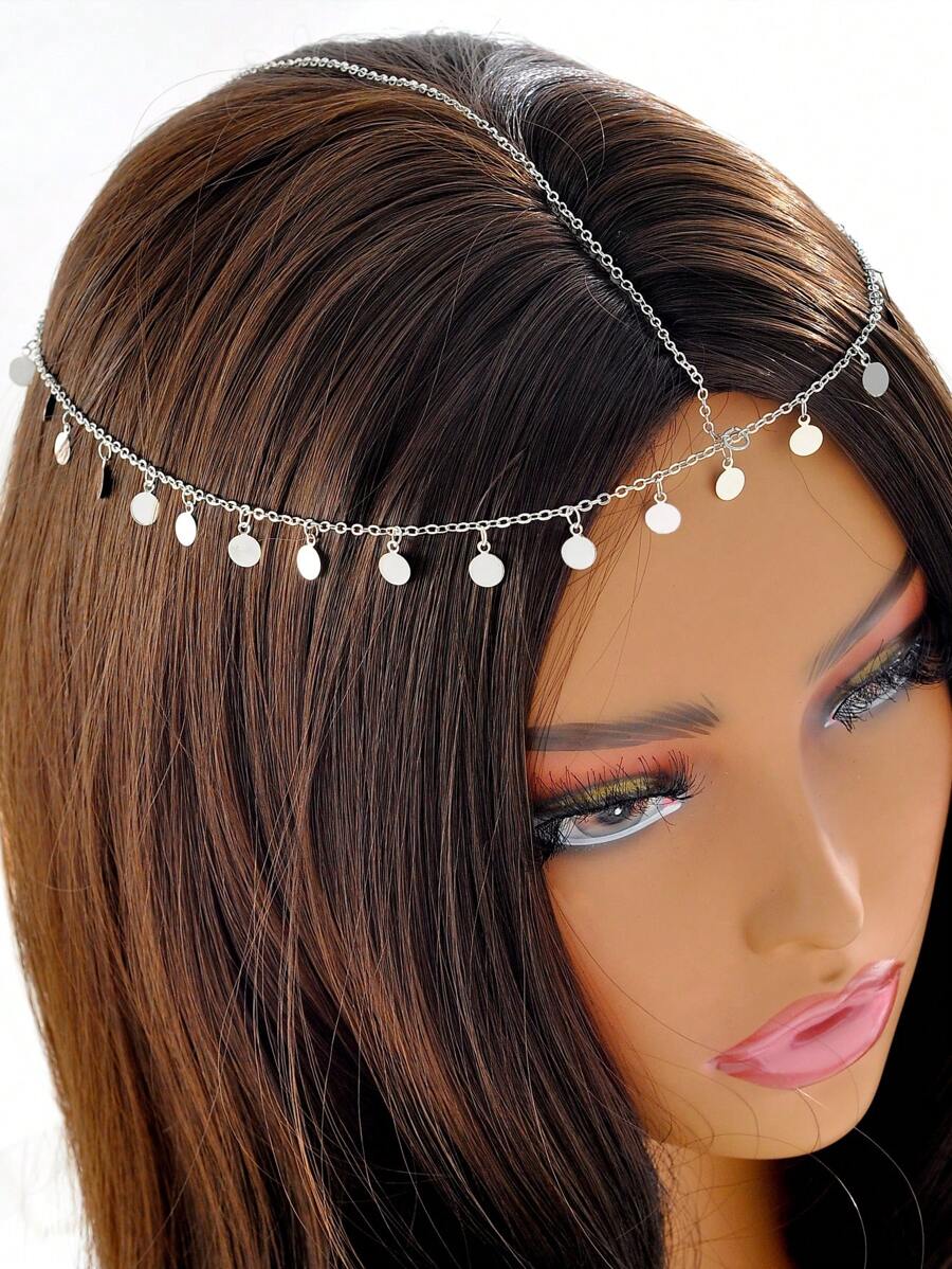1 pieza Cadena para el cabello con colgante redondo minimalista, versátil para mujeres y niñas, adecuado para uso diario, playa, citas, eventos - joyería para la cabeza