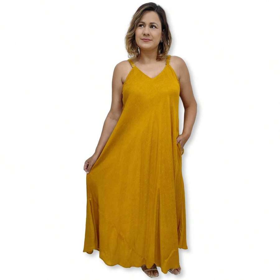 Vestido Indiano Alça Trapézio Longo Liso Viscolinho