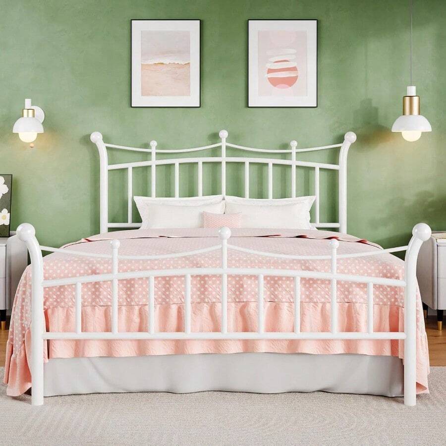 Estructura de cama de matrimonio HOMBCK con cabecero, marco de cama de metal blanco con diseño de patrón de corona, base de colchón con almacenamiento debajo sin necesidad de caja de resortes, montaje silencioso y fácil, color blanco