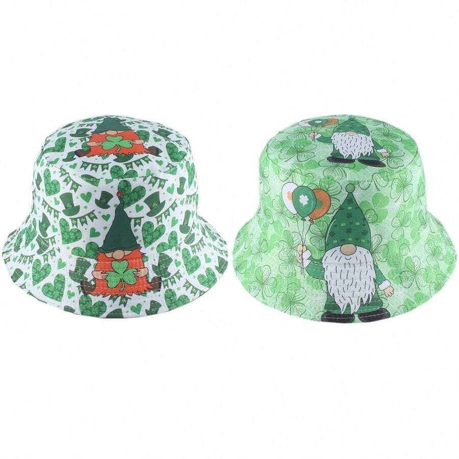 Cartoon Leprechaun Clover Print Reversible Bucket Hat, Fashionable Unisex Sun Protection Hat For Street Wear