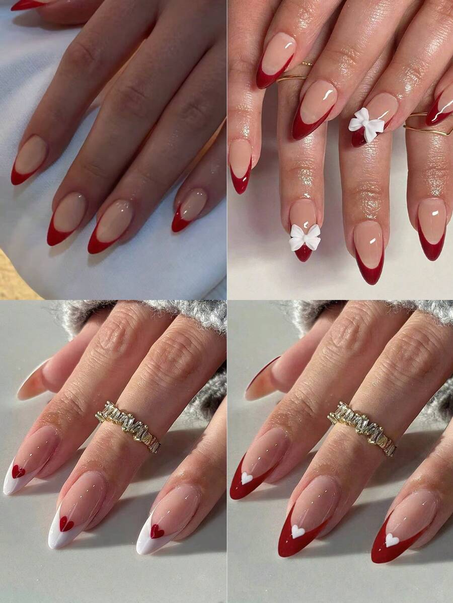 Transform Your Nails With,96pcs Almond Nail,French Bow Heart Design Press-On Nails Long Perfect Fit False Nail Set,Contains 1 Nail File 1 Jelly Glue,For Women & Girl