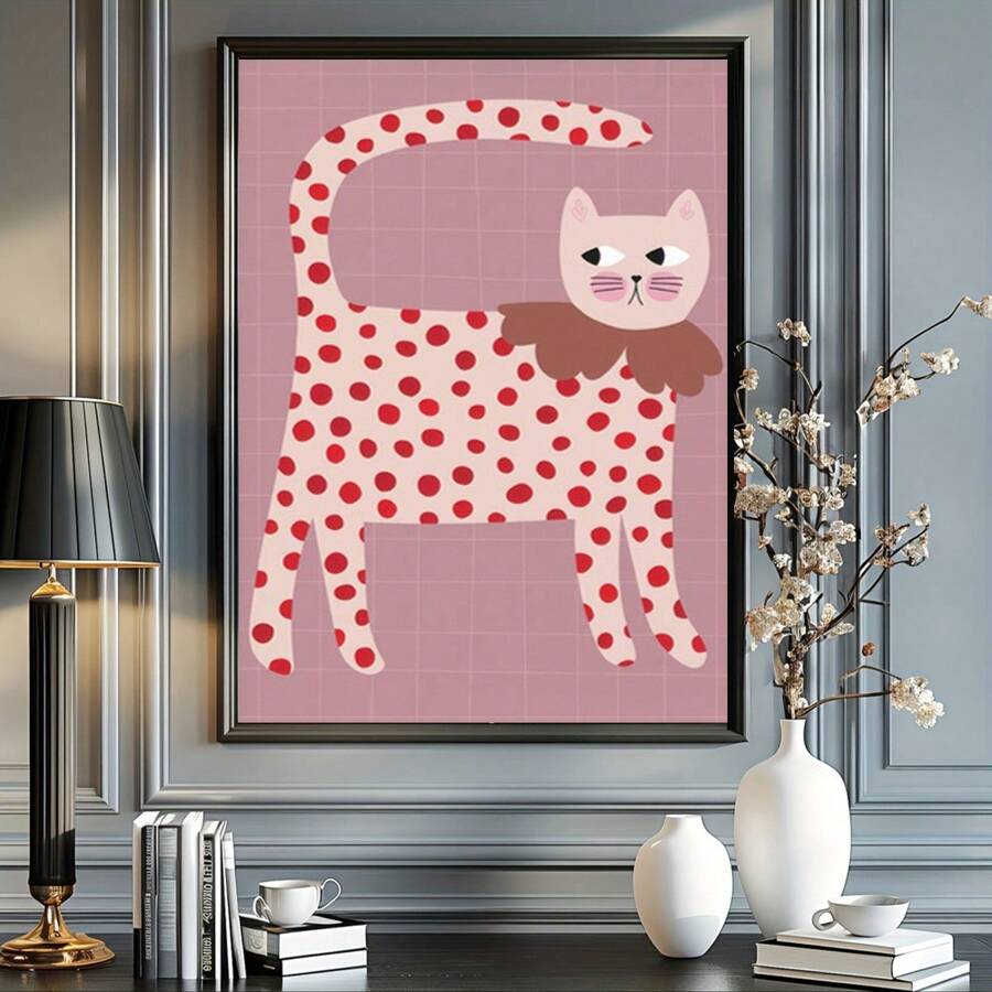1 Pieza - Impresión en lienzo de ilustración minimalista moderna de un gato, con lunares rojos, adecuada para la decoración primaveral del hogar, sin marco, para decoración de sala de estar y dormitorio