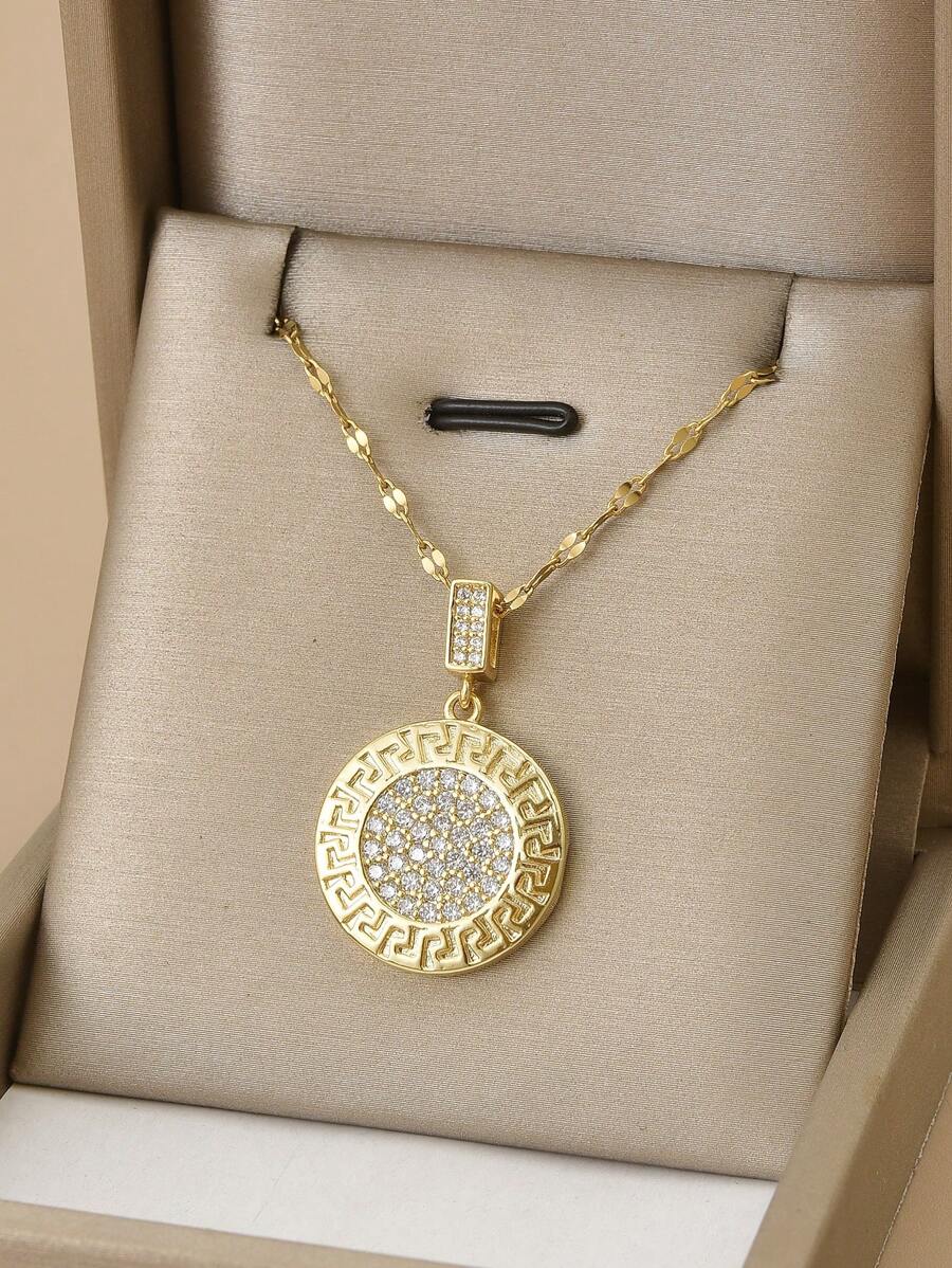 1 Stück voll mit Strass besetzter geometrischer Kreis Edelstahl zarter Luxus Halskette für Frauen