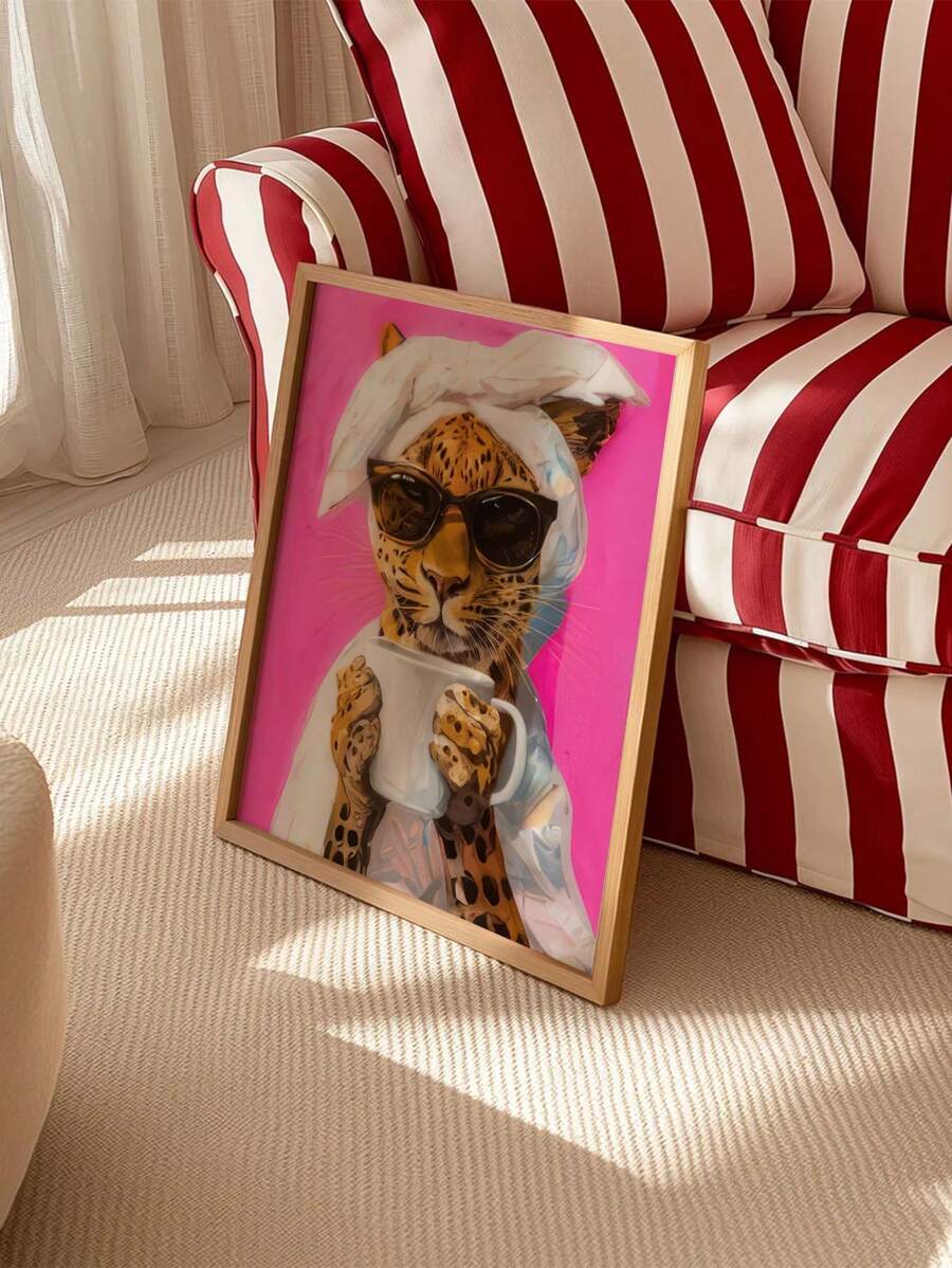 1pc Modern Leopard Print Morning Coffee Color Dopamine Print Oil Painting Poster Living Room Home Decoration Picture, Frameless