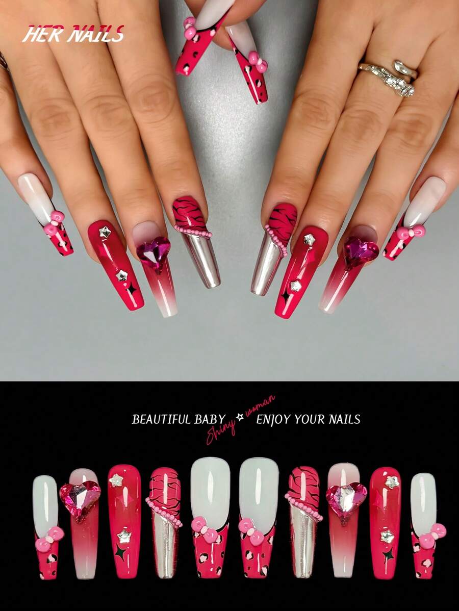 Y2K 10PCS Handmade Press On Nails Long Coffin Shape, 3D Heart Rhinestones & Leopard French Design, DIY Glue On False Nails For Women, Perfect For Daily, Party, Prom, Wedding