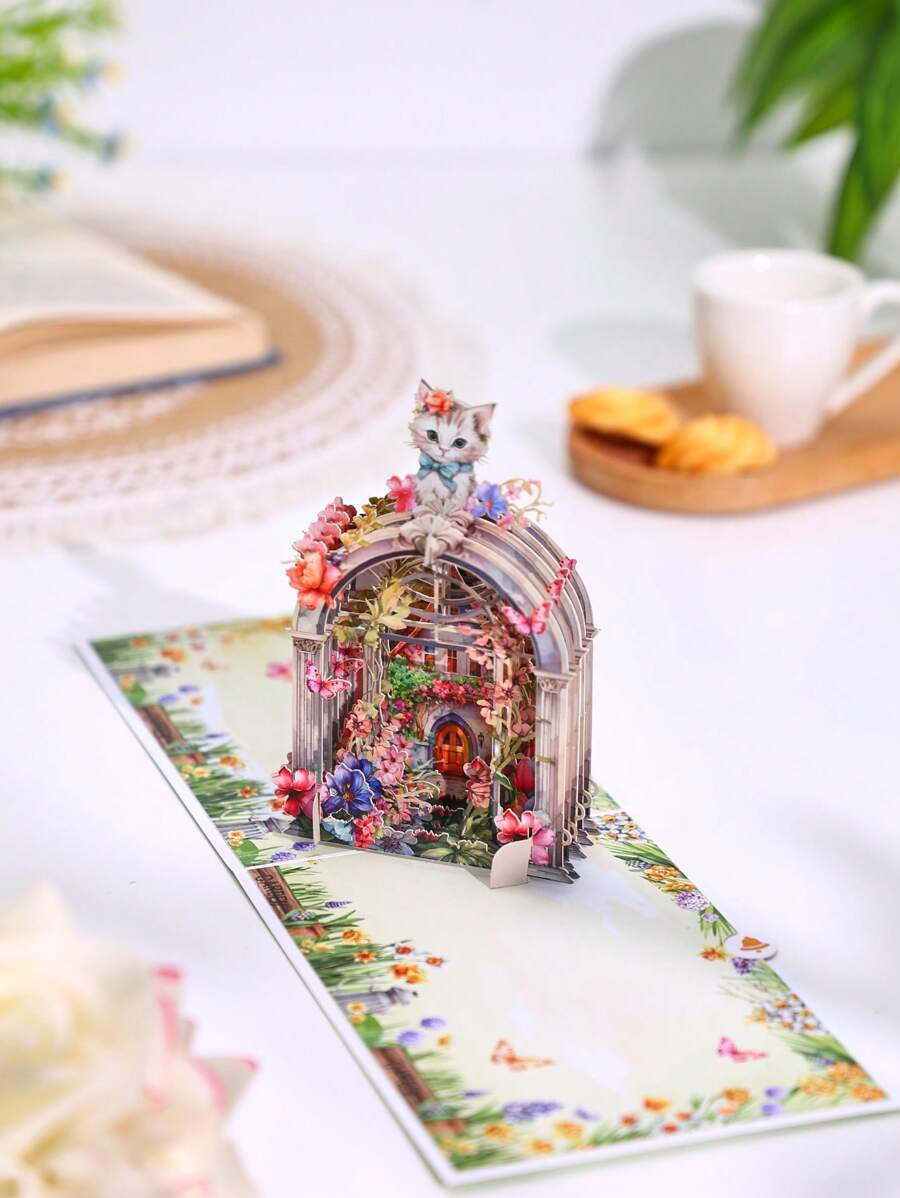 1 Pop-Up Greeting Card, Cute Cat Window Flowers, Fantasy Purple Window, Suitable For Valentine's Day, Mother's Day, Birthday, Anniversary. Surprise Gift For Friends, Gift For Lovers, Gift For Girlfriend, Gift For Mother, Birthday Card