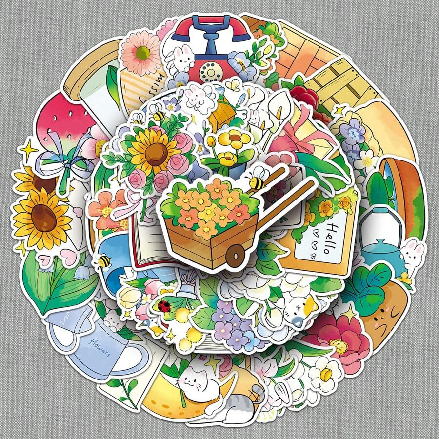 50 piezas de pegatinas con dibujos de flores y dibujos animados para decorar cuadernos, autos y botellas de agua