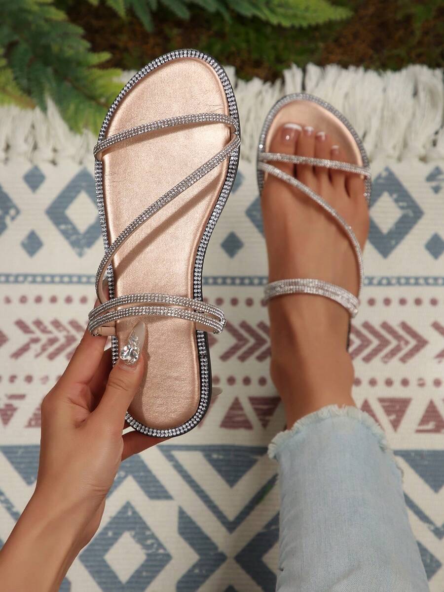 Rounded Toe PU Leather Sandals With Multi-Strap Rhinestone Decoration, Women's Casual Flat Slip-On Slippers, Suitable For Home, Leisure, Daily Wear And Beach Holiday