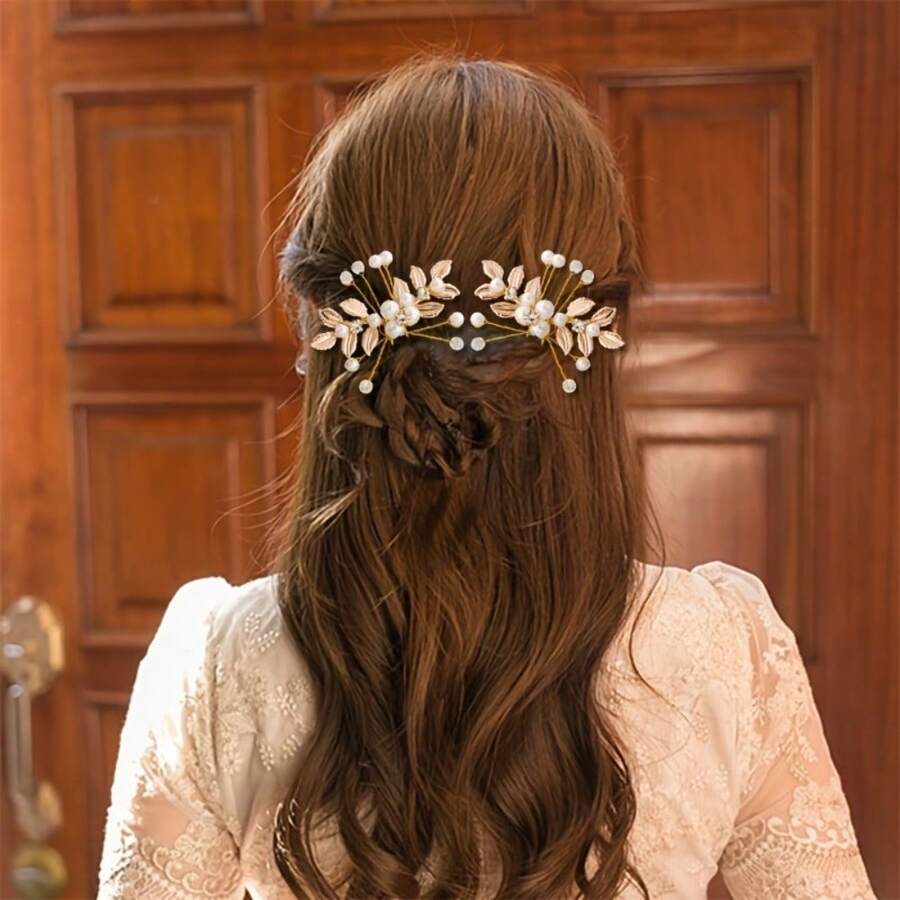 2pcs Gorgeous Leaves U-Shaped Clips, Creative Handmade High-Grade And Exquisite, Anniversary Wedding Bridal Headdress Plating Hairpin