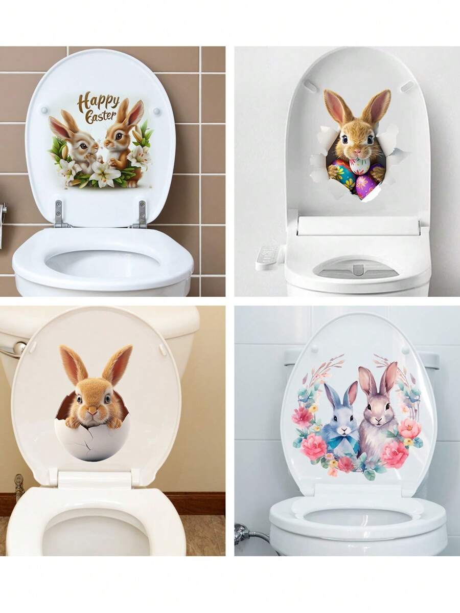 1 pièce Autocollant de décoration de salle de bain avec motif de lapin et d'œuf de Pâques, convient pour le siège des toilettes, le réservoir et l'embellissement de la salle de bain