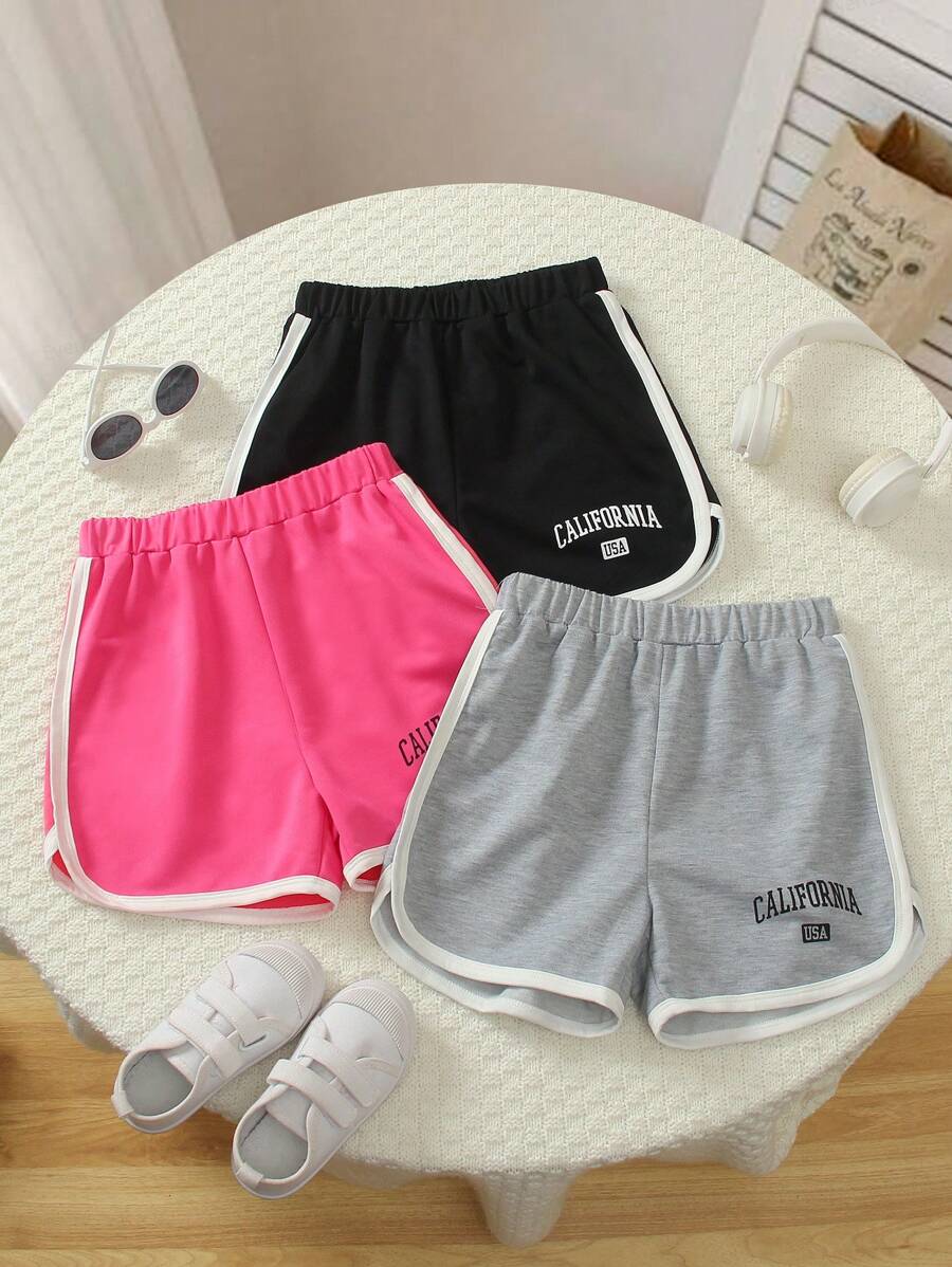 Set informal de 3 piezas de shorts de cintura elástica para niña preadolescente, con estampado de letras y rayas, para verano