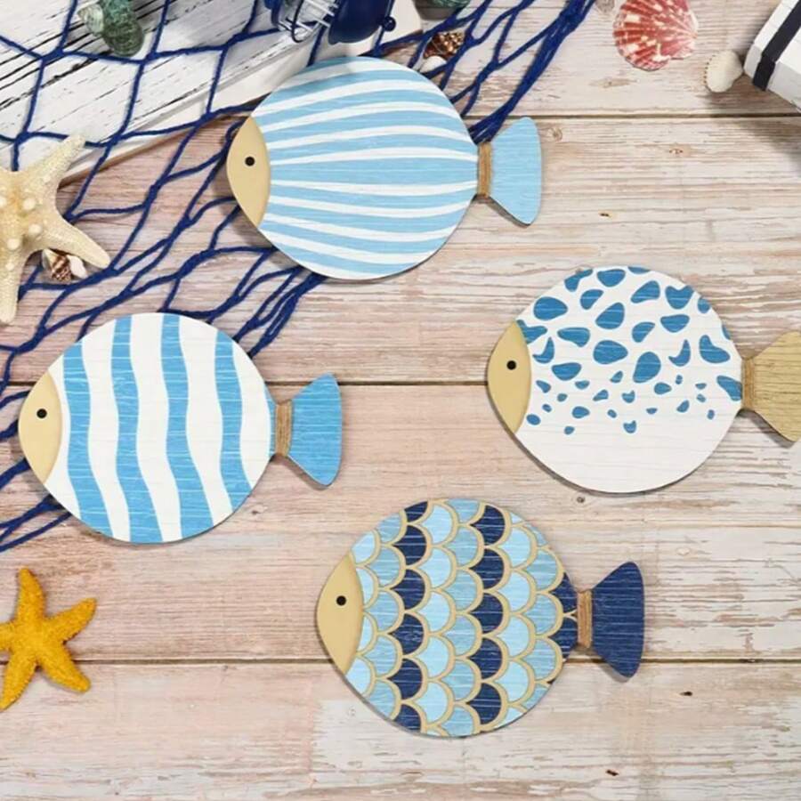 4-Piece Set, Vintage Nautical Wooden Fish Wall Art Set - Coastal Blue Fish Sculpture, Suitable For Decorating Seaside Villas, Bathrooms, And Bedrooms