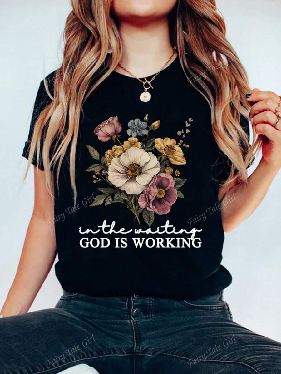 Women's Summer Floral Letter Printed Casual Round Neck Short Sleeve T-Shirt Tops Graphic Tees Women Summer Tops