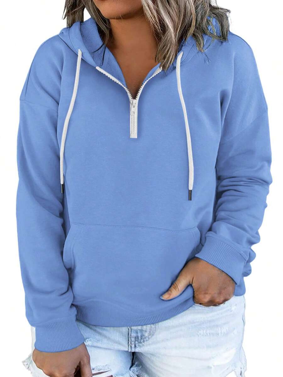 Plus-Size-Hoodies For Women Quarter Zip-Up Hooded Sweatshirts Lightweight Long Sleeve Pullover Tops With Pocket