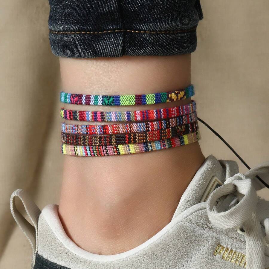 8pcs Bohemian Style Weaving Foot Rope Set, Random Colored Fabric Anklets For Family/Friends/Lovers