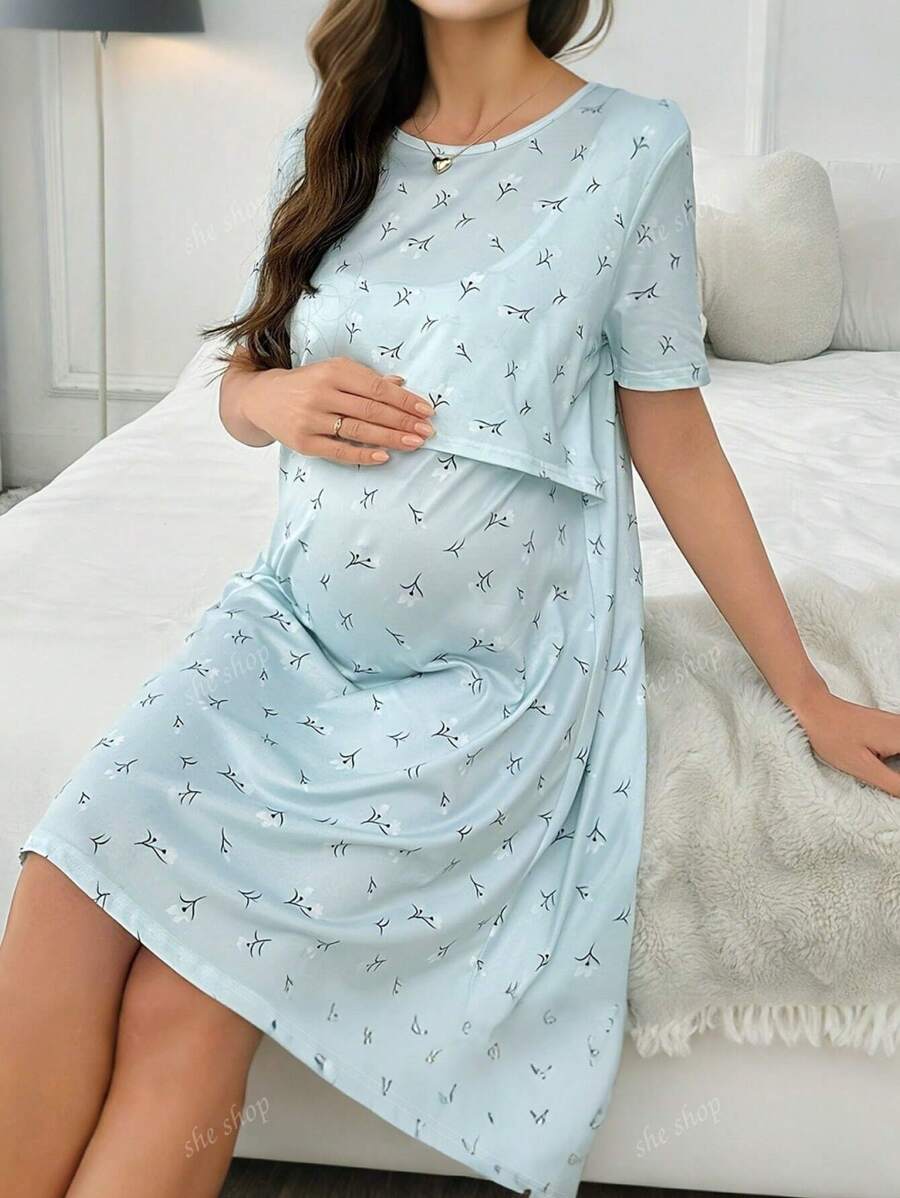 Robe/chemise de nuit ample à manches courtes avec col rond, imprimé floral et feuillage, convient pour le port intérieur et extérieur, printemps/été