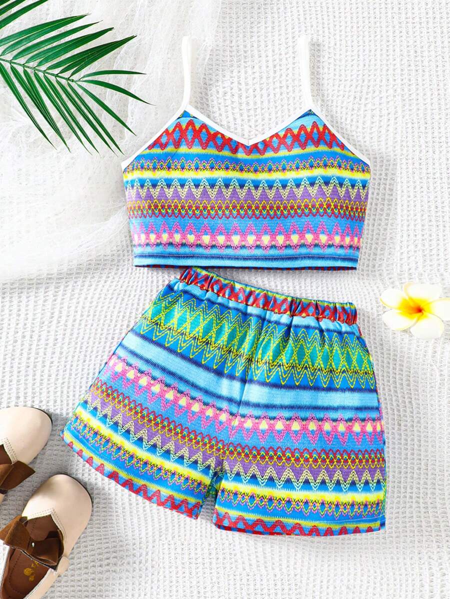 Conjunto de 2 piezas informal de verano para niña de 8 a 12 años, top de tirantes con onda y pantalones cortos de playa, adecuado para vacaciones casuales
