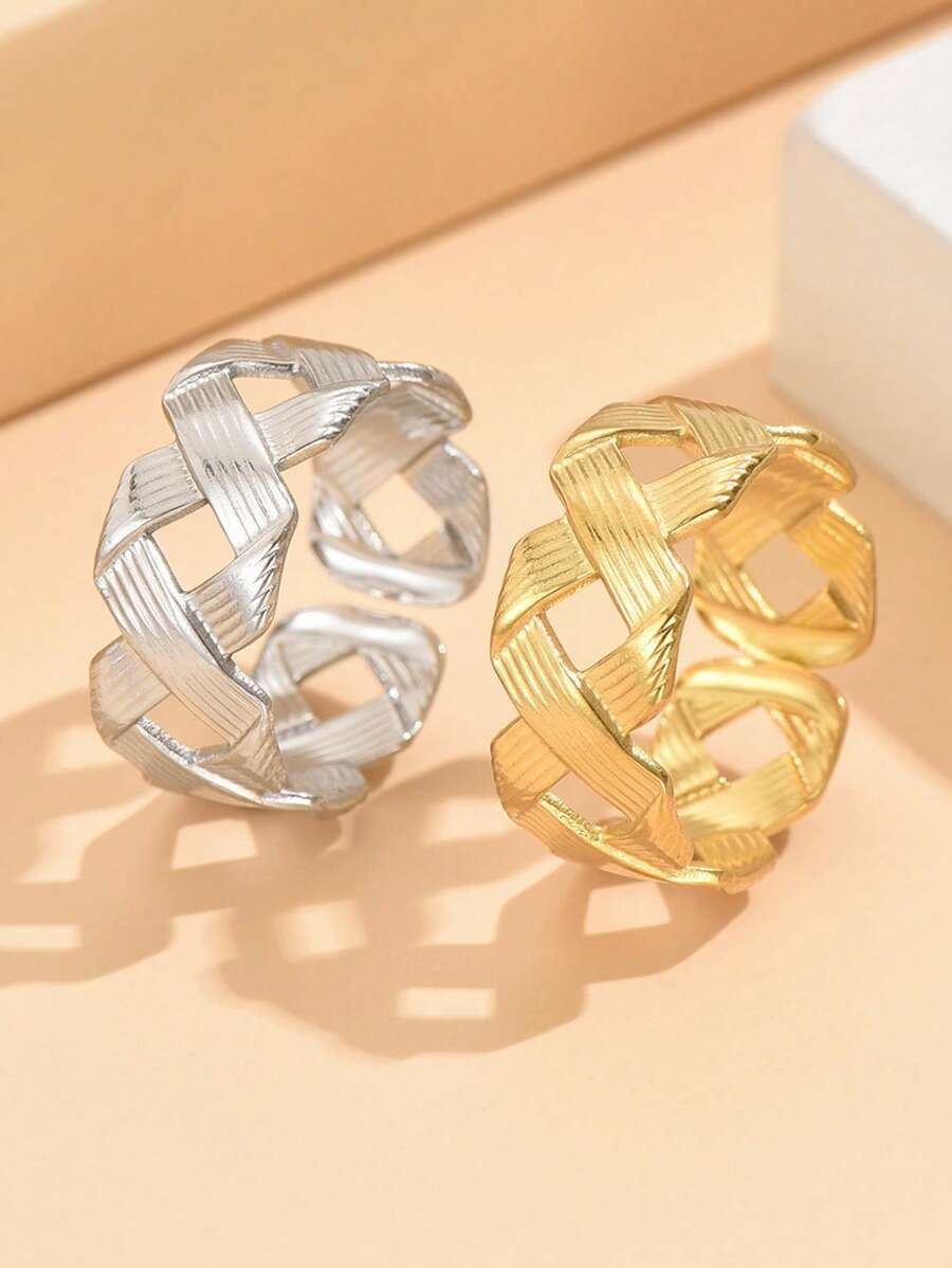 1 Piece Elegant Vintage Braided Stainless Steel Adjustable Open Ring, 18K Gold Plated Non-Fading Jewelry, Women Everyday Wear