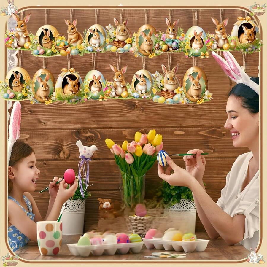 9/18Pcs Vintage Wooden Easter Bunny And Egg Ornaments Set, Animal Themed Easter Hanging Decorations, Spring Party Home Tree Decor, No Electricity Required