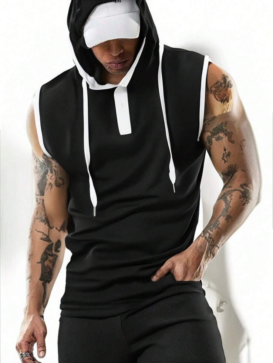 1pc Men's Black Hooded Sports Tank Top, Comfortable & Skin-Friendly, Pullover Style Casual Sports Vest