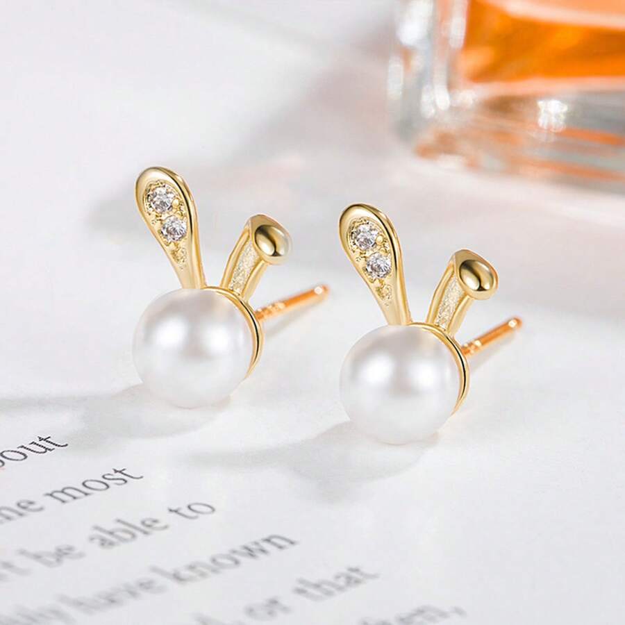 1 Pair Cute Rabbit Ear Earrings With Pearl And Rhinestone Inlaid, Pearl Pendant Earrings, Left And Right Designs, Butterfly Pearl Earrings, Easter Element Earrings, Carnival Gifts, Thanksgiving Commemorative Gifts, Easter Gifts Choice, Adorable Rabbit Ear Earrings, Easter Earrings