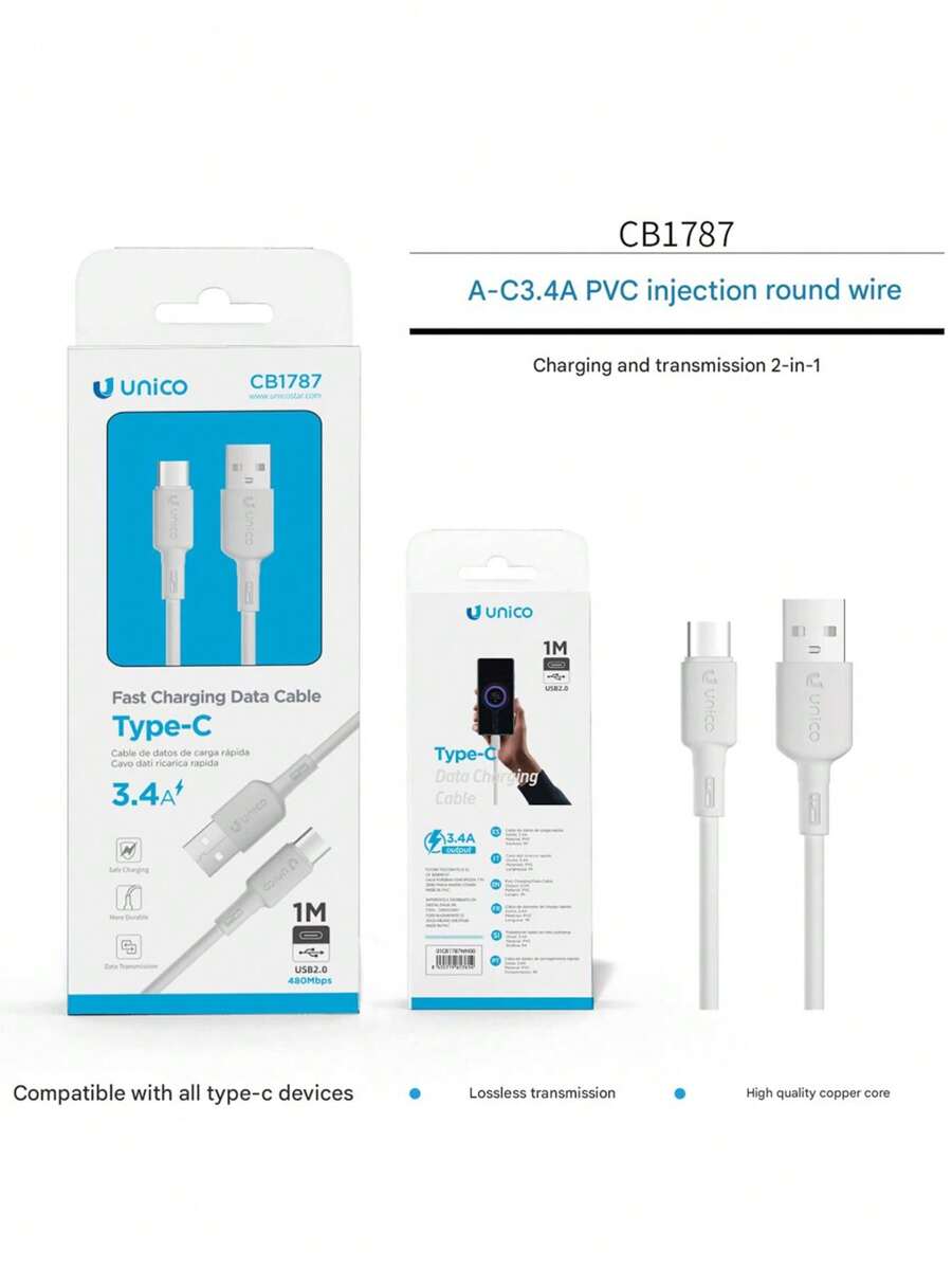 1 X 1m 3.4A Fast Charger Cable, 5Gbps High Speed, Compatible With Apple IPhone 16/15, IPad, Galaxy, Tablets, Laptops