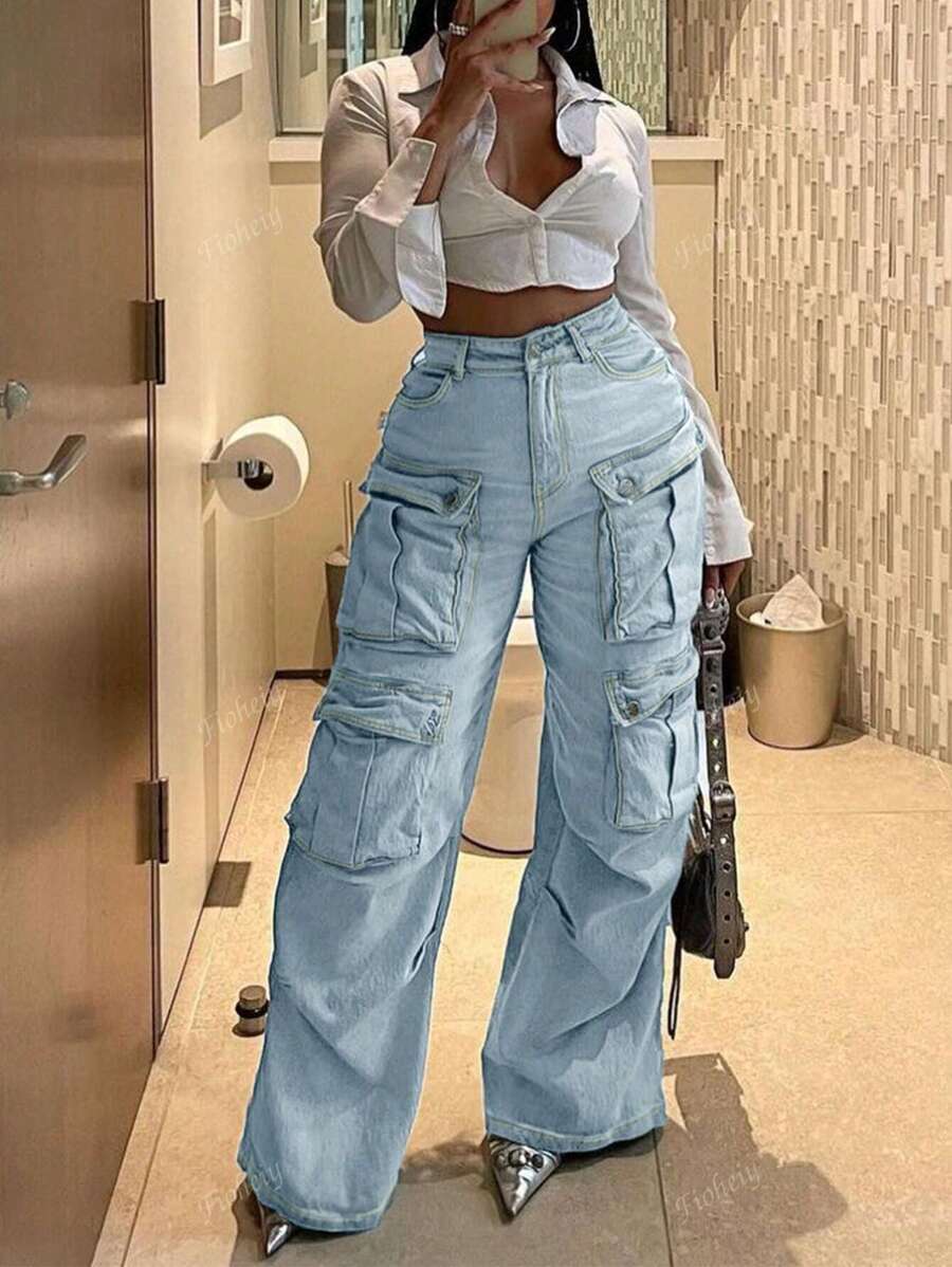 90s Y2K High Waist Flap Pocket Werk Cargo Jeans Boyfriend Versleten Losse Fit Streetwear Denim Broek