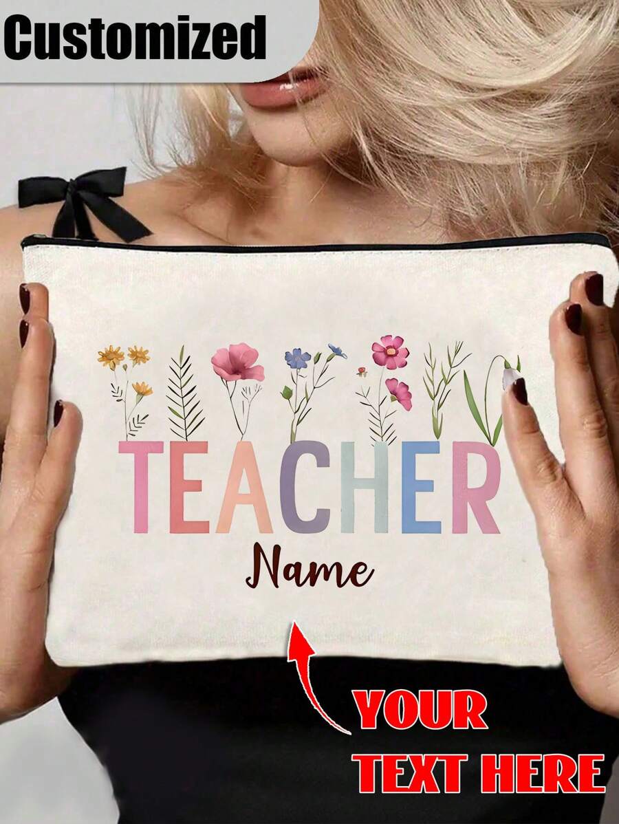 1 pièce Sac de maquillage personnalisé avec lettres d'enseignant et motif floral, sac à crayons avec nom personnalisé. Pochette de rangement de toilette de voyage. Cadeau pour enseignant