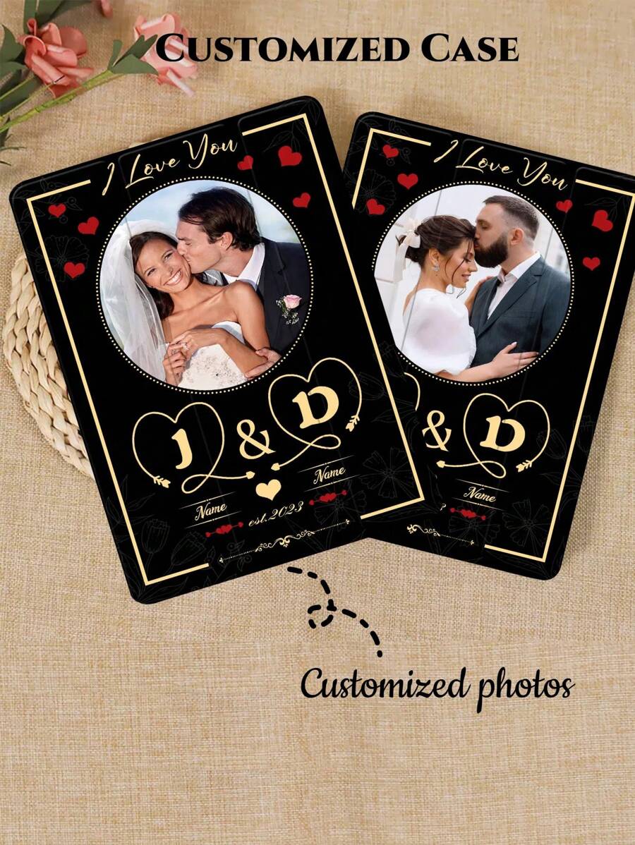 1 st. Aanpasbare foto- en tekstbedrukte tabletbeschermhoes compatibel met iPad, gepersonaliseerde fotonaam voor koppels tabletbeschermhoes compatibel met iPad 9e/8e/7e generatie 10,2", prachtig romantisch patroon tabletbeschermhoes compatibel met iPad 10e generatie, iPad Pro 11" 2021/2020/10e generatie, iPad Mini 4/5/6, met pengleuf, anti-val, automatische wek-/slaapfunctie, 4-hoeks anti-schok, water-/krasbestendig, verstelbare kijkhoekstandaard, zwart