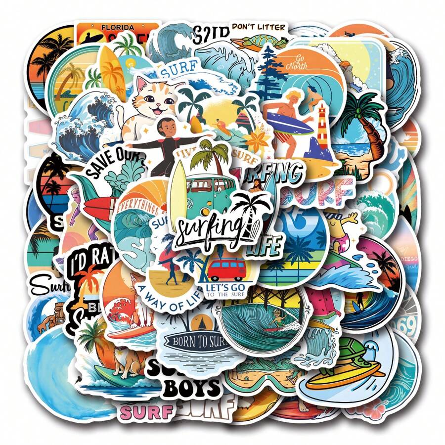 55 pièces Autocollants de plage de surf pour journaux, ordinateurs portables, bagages, pare-chocs, téléphones portables, scrapbooks, scooters, casques, autocollants et décalcomanies de voyage de voiture de dessin animé. Ces autocollants peuvent ajouter beaucoup de plaisir à votre vie.