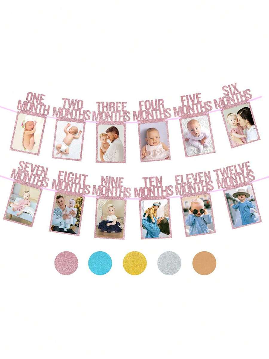 1st Birthday Photo Banner For Baby From Newborn To 12 Months, 1st Birthday Decorations Girl Monthly Milestones Garland | First Birthday Photo Banner Pre-Strung With Frame (Rose Gold)