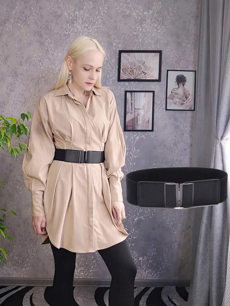 1pc Women's Black Wide Elastic Waist Belt With Classic Alloy Buckle, Suitable For Daily Outfits