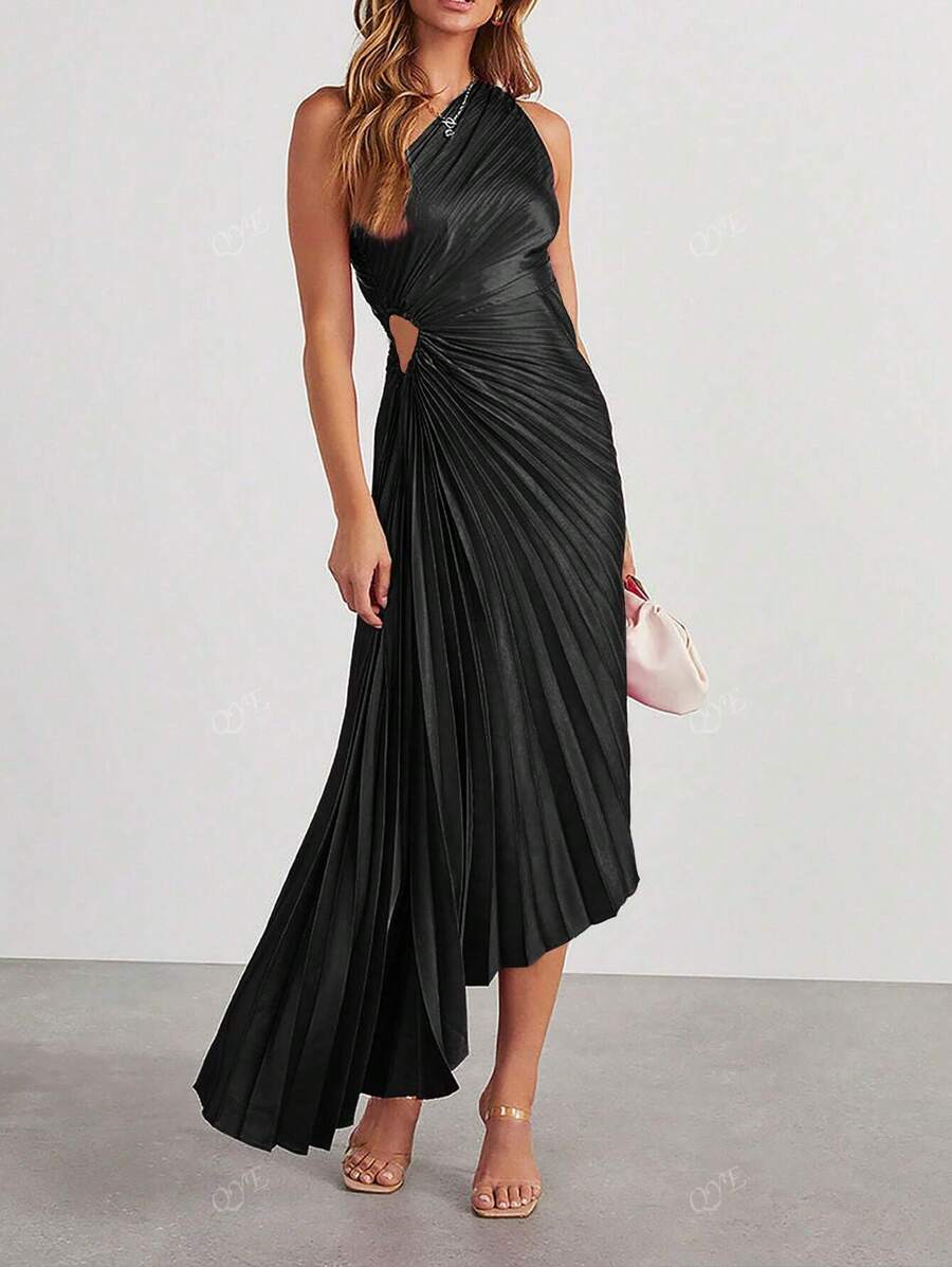 Vestido elegante de mujer de unicolor sin mangas con pliegues y vuelo, vestido de fiesta para cóctel