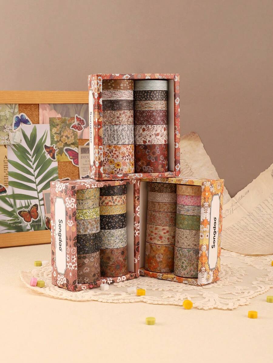 12rolls Vintage Floral Washi Tape,For DIY Crafts Diary Notebook Scrapbooking Journaling Present Wrapping Party Favors Scrapbooking Supplies&Journaling(0.39-1.18in)