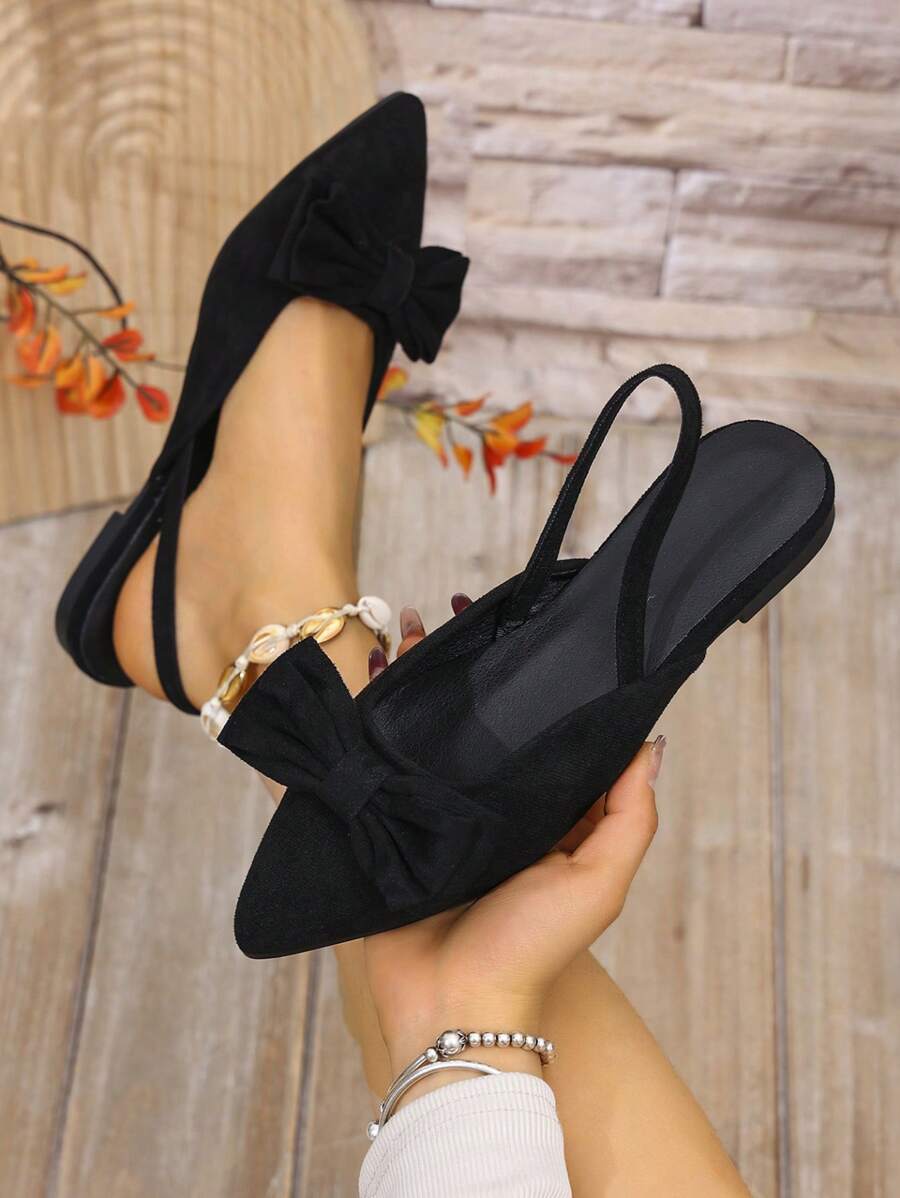 Sandalias planas tipo slip-on con puntera cerrada, decoración de lazo y punta afilada,