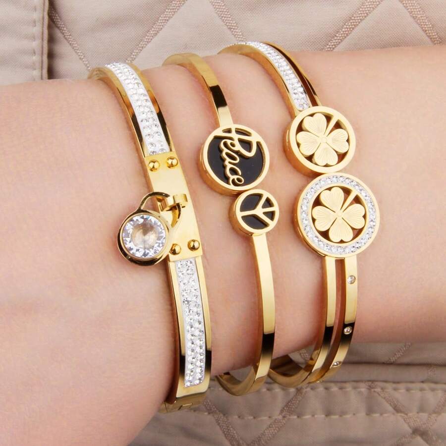 3/1pc Stainless Steel Bracelet, Women Elegant Style With Big Cubic Zirconia Pendant And Small Cubic Zirconia Decoration, Refined & Chic, Suitable For Daily Wear And Gift